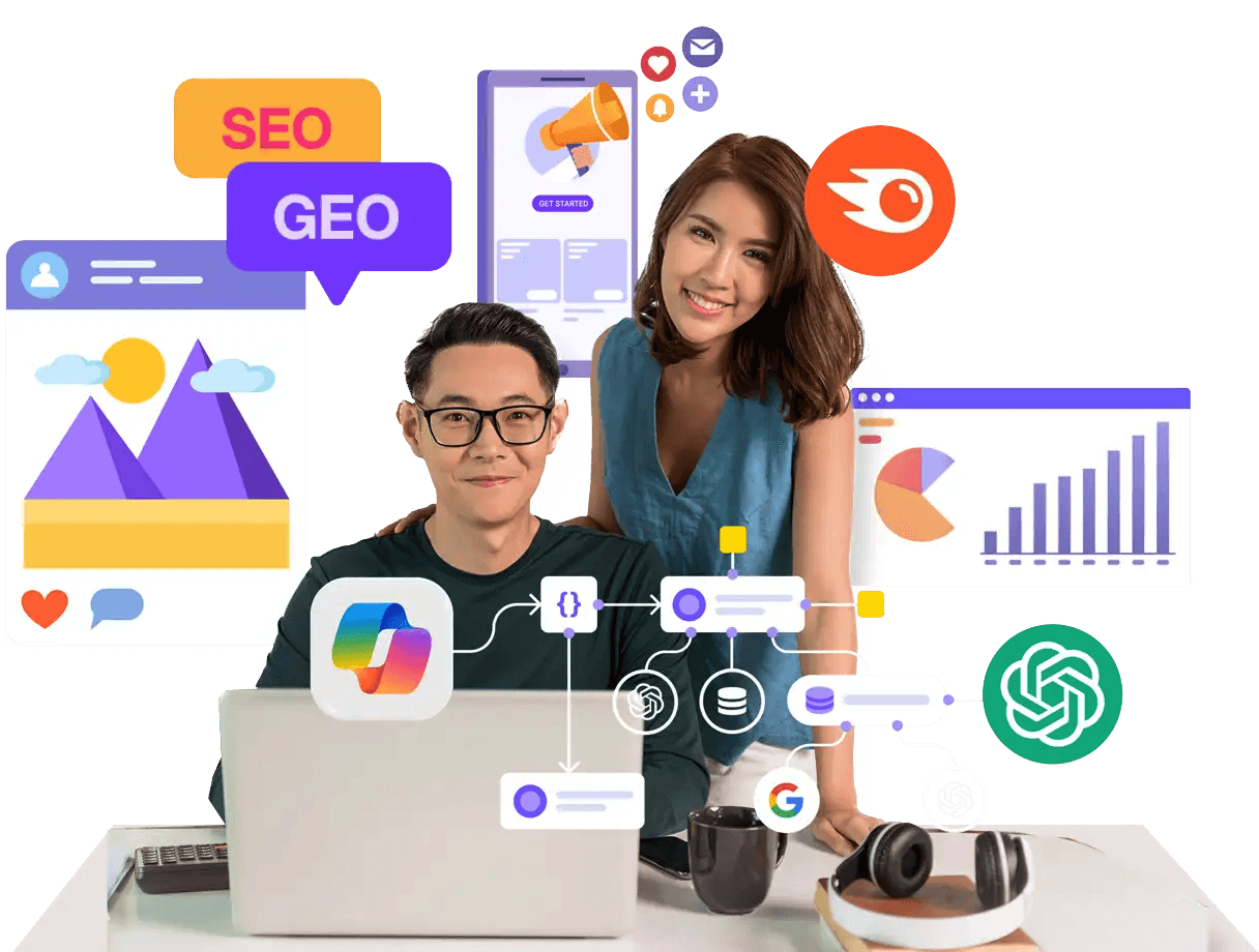 Two professionals learning AI digital marketing skills on laptops — Heicoders Academy DM100 course Singapore