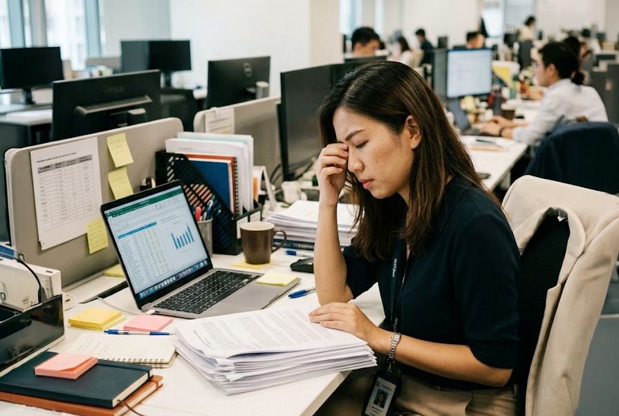 An employee reviewing paperwork beside a laptop