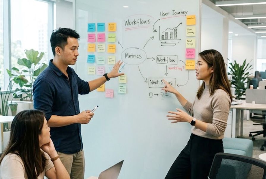 A team planning workflows and next steps on a whiteboard