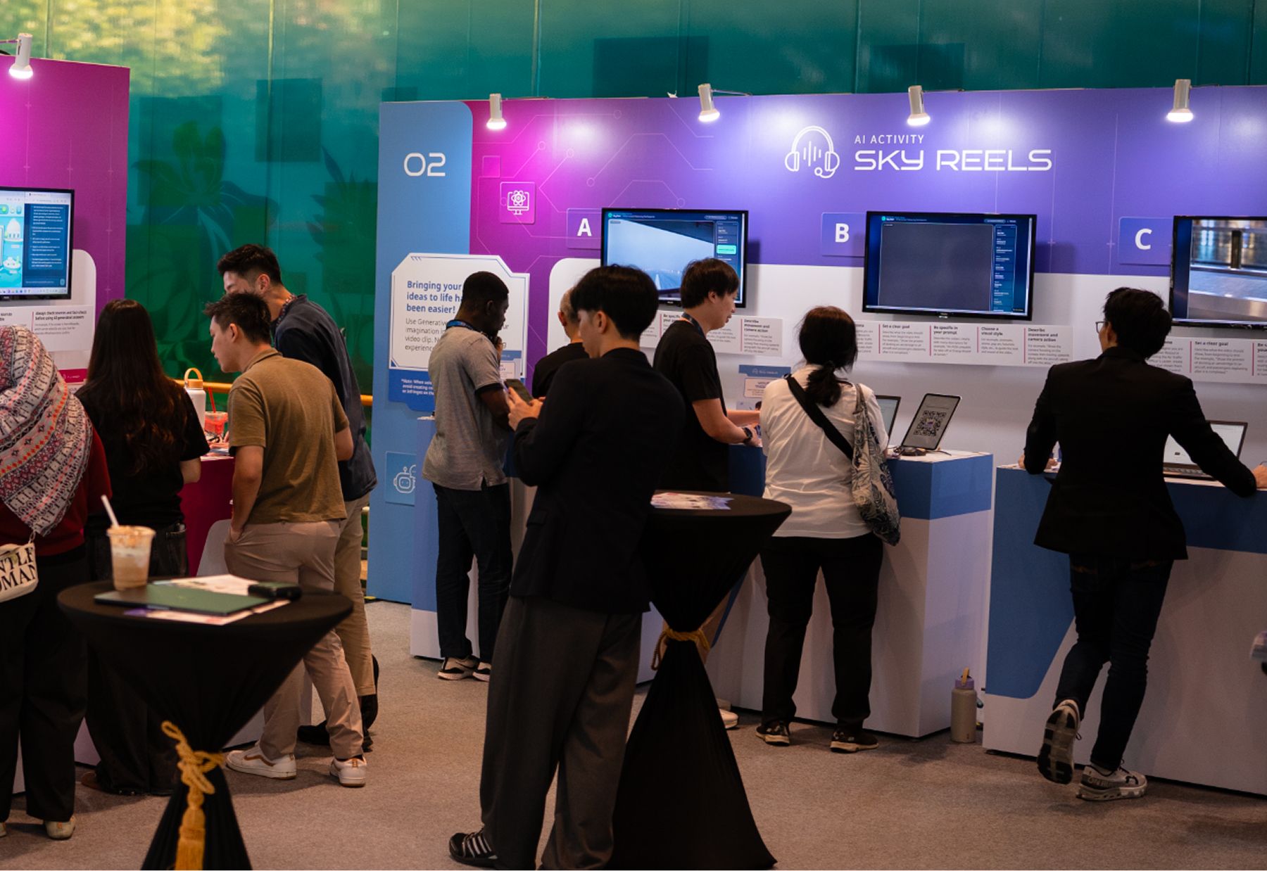 Participants at the Sky Reels AI video generation booth