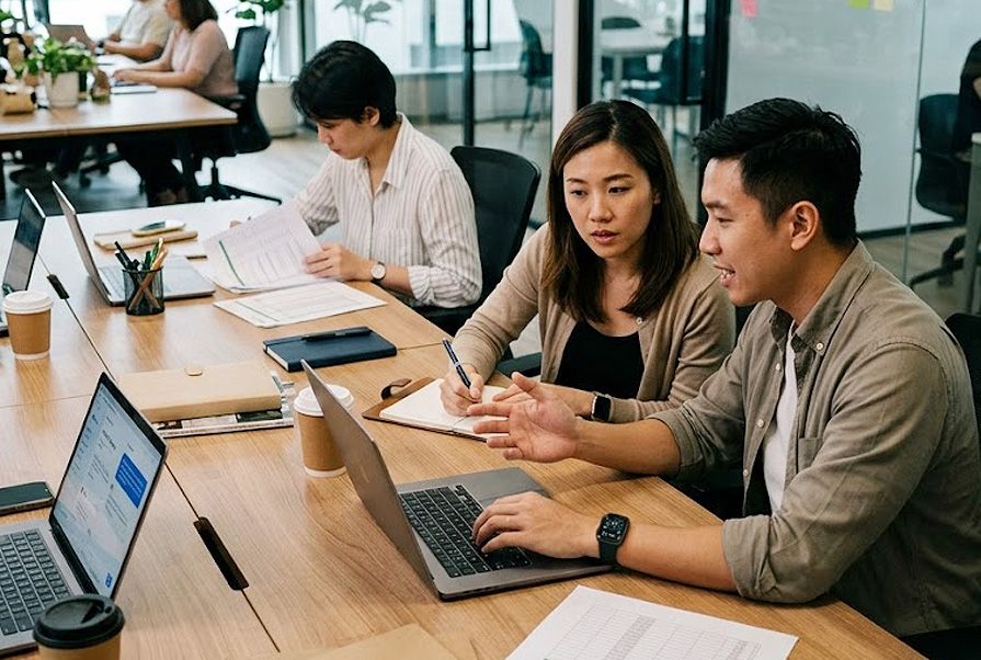 Colleagues working together at a laptop